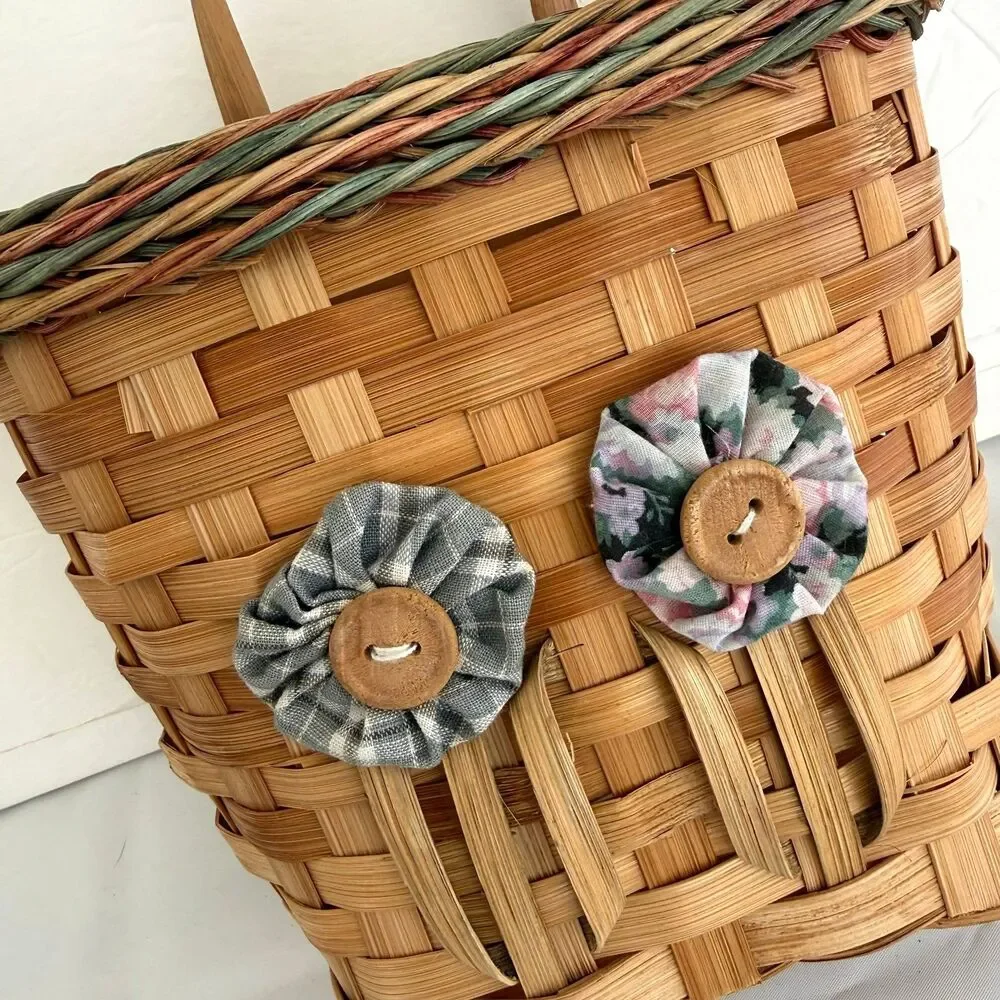 Vintage Woven Hand Made Hanging Wall Door Basket with YoYo Flowers Buttons